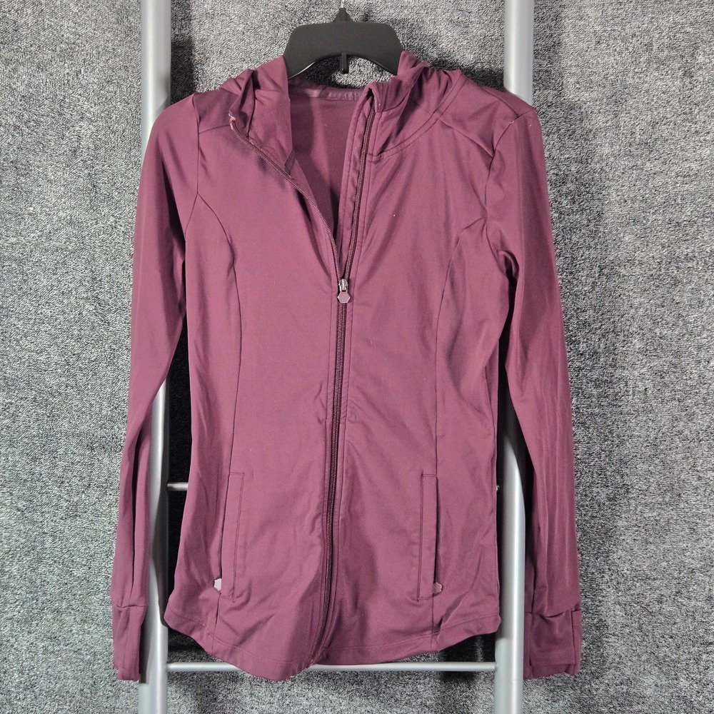 Modiv Womens XS Burgundy Hooded Full Zip Activewear Jacket Thumbholes Pocket